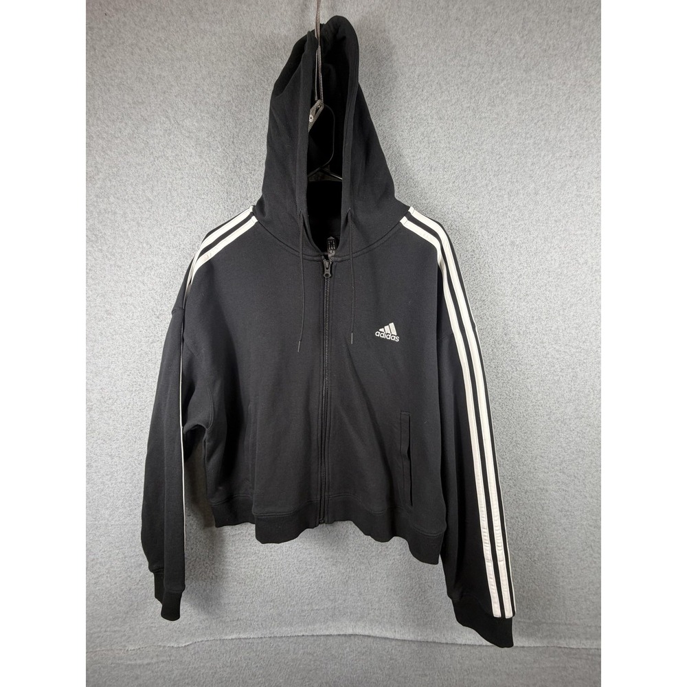 Adidas‎ Hoodie Womens Large Black Full Zip 3 Stripe Cropped Athletic Fleece